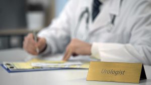 A physician works on papers. Focus is on a plaque in the foreground with Urologist written on it.